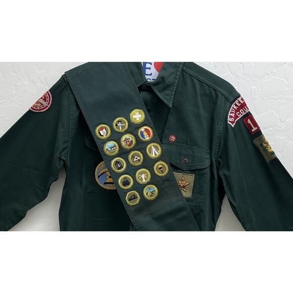 VTG 50s Boys Scouts America Forest Green Explorer BSA Shirt Pin Patches Badges - Picture 2 of 9